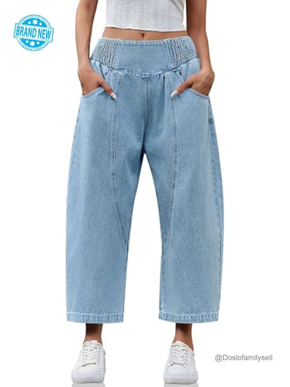 Wide Leg Cropped Jeans Baggy Boyfriend Smocked Mid Rise Harem Denim Pants